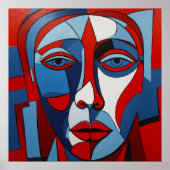 Abstraktes Blau und Rotes Gesicht Kunst Poster (Vorne)