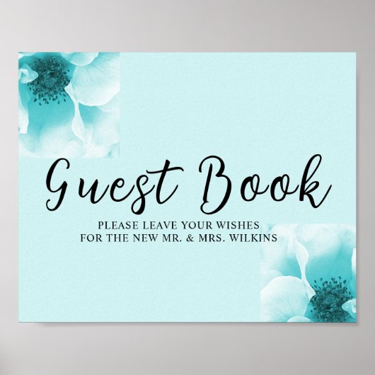 Abstraktes Blau- und Weiß-Blumen-Gästebuch-Schild Poster (Vorne)