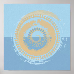 Abstraktes Blauer und Tan Spiralkreisdesign Poster