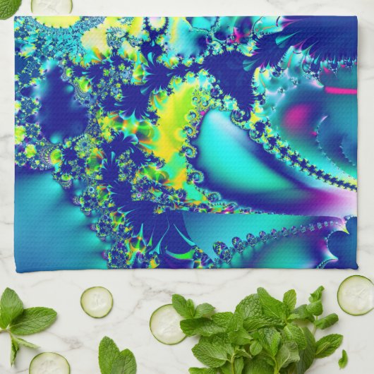 Abstraktes blaues Cyan Green-Fraktal Geschirrtuch (Gefaltet)