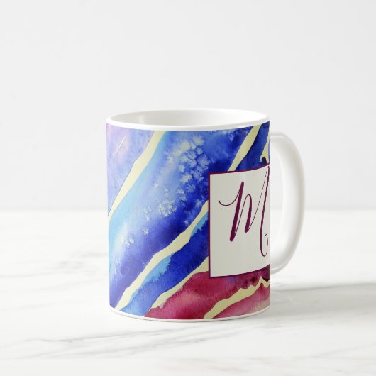 Abstraktes blaues rosa Monogramm Kaffeetasse (VorderseiteRechts)