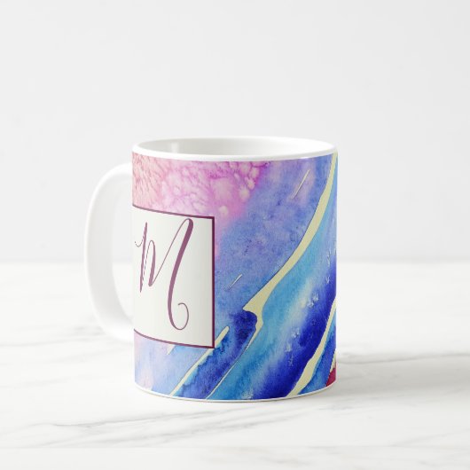 Abstraktes blaues rosa Monogramm Kaffeetasse (Vorderseite Links)