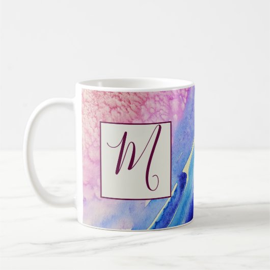 Abstraktes blaues rosa Monogramm Kaffeetasse (Links)