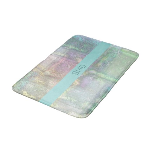 Abstraktes blaues rosa Texturmuster Badematte (Schrägansicht)