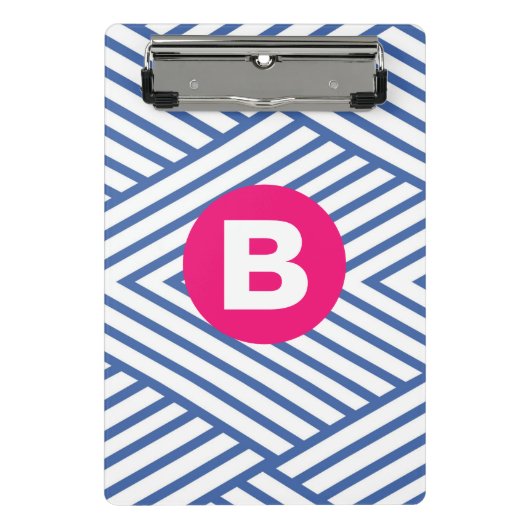 Abstraktes blaues Streifenmuster mit rosa Monogram Mini Klemmbrett (Vorderseite)