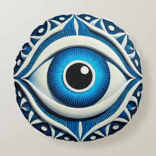 Abstraktes blaues Symbol des Bösen Blicks Rundes Kissen