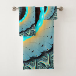 Abstraktes blaues Türkis Orange Fraktal Badhandtuch Set