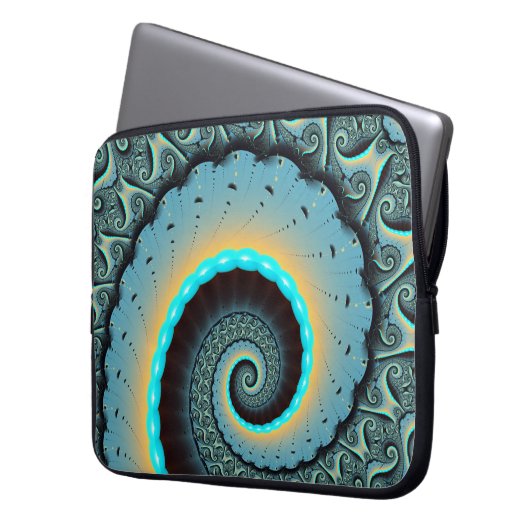 Abstraktes blaues Türkis Orange Fraktal Laptopschutzhülle (Vorderseite Links)