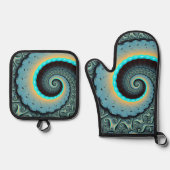 Abstraktes blaues Türkis Orange Fraktal Ofenhandschuh & Topflappen-Set (Vorderseite)