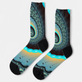 Abstraktes blaues Türkis Orange Fraktal Socken (Linkes Detail)