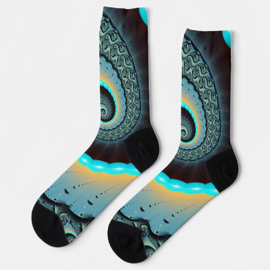 Abstraktes blaues Türkis Orange Fraktal Socken (Linkes Detail)