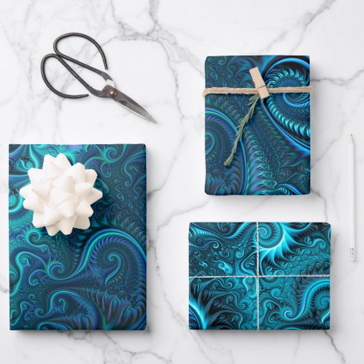 Abstraktes blaues und Aquamarines Spiralmuster Geschenkpapier Set (Vorderseite)