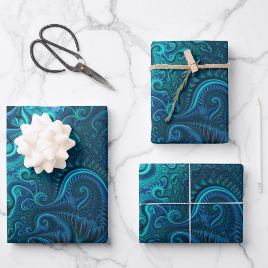 Abstraktes blaues und Aquamarines Spiralmuster Geschenkpapier Set (Vorderseite)