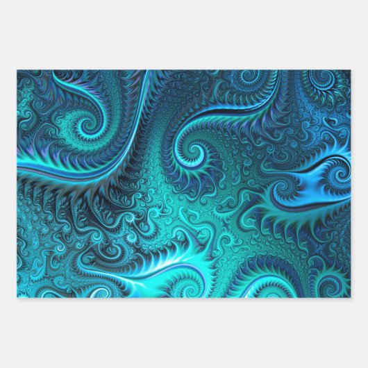 Abstraktes blaues und Aquamarines Spiralmuster Geschenkpapier Set (Vorderseite)