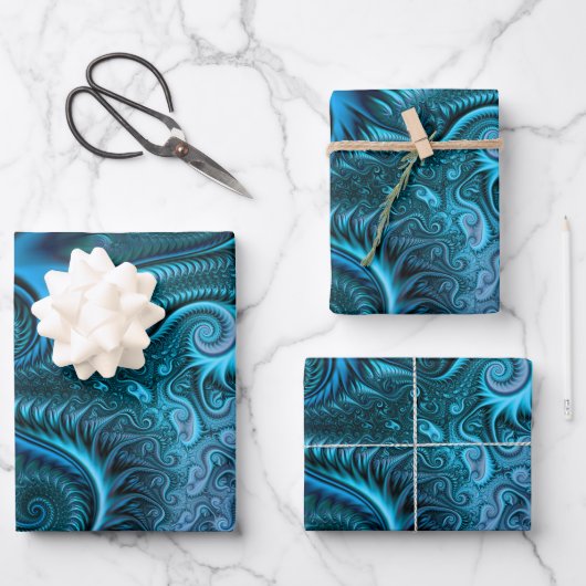 Abstraktes blaues und Aquamarines Spiralmuster Geschenkpapier Set (Vorderseite)