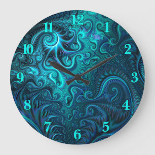 Abstraktes blaues und Aquamarines Spiralmuster Große Wanduhr