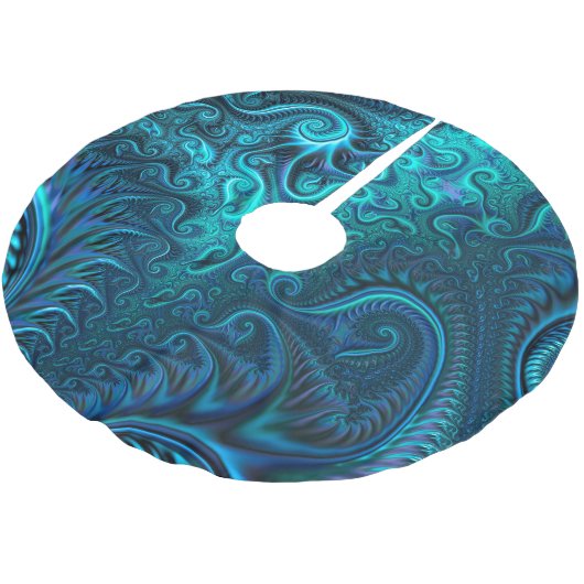 Abstraktes blaues und Aquamarines Spiralmuster Polyester Weihnachtsbaumdecke (Schrägansicht)