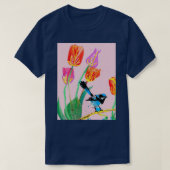 Abstraktes blaues Wren und Tulips Gemälde auf blas T-Shirt (Design vorne)