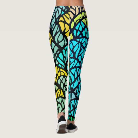 Abstraktes blaugelbes Schwarz-Streifen Leggings (Rückseite)