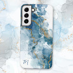 Abstraktes Blue/Gold Glitzer Alkoholtinte Monogram Samsung Galaxy Hülle<br><div class="desc">Dieses einzigartige und elegante Design mit hellen und dunklen Alkoholtinte Spritzern mit vergoldeten Imitaten Glitzer Venen. Enthält Textfelder mit zwei Anfangsbuchstaben.</div>