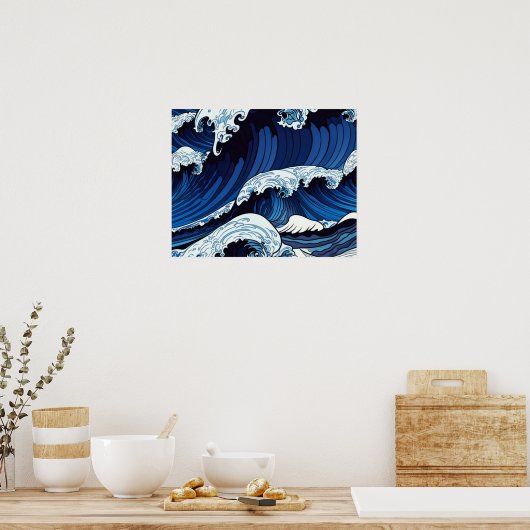 Abstraktes Blue Ocean Waves Artwork im japanischen Poster (Küche)