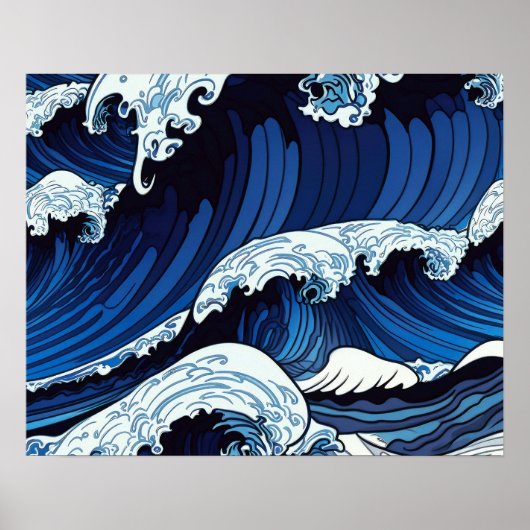 Abstraktes Blue Ocean Waves Artwork im japanischen Poster (Vorne)