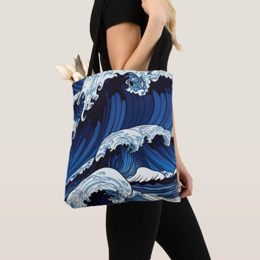 Abstraktes Blue Ocean Waves Artwork im japanischen Tasche (Von Nahem)