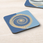 Abstraktes Blue & Tan Spiral Sun Circle Design Getränkeuntersetzer (Linke Seite)