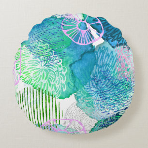 Abstraktes, blumenblaues Aquarell Rundes Kissen