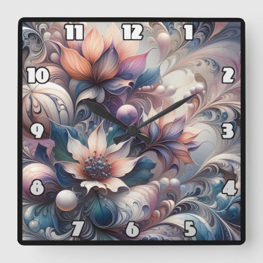 Abstraktes Blumendesign mit Wirbel und Perlen Quadratische Wanduhr (Vorderseite)