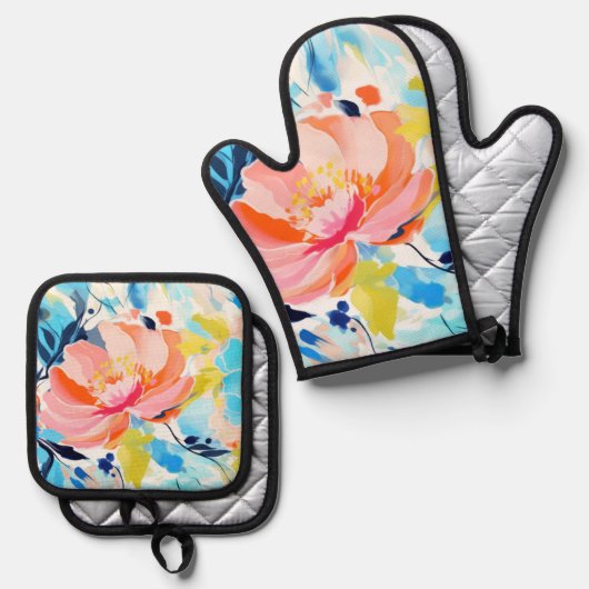 Abstraktes Blumenmuster-Gemälde Ofenhandschuh & Topflappen-Set (Vorderseite/Rückseite)