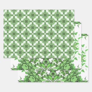 Abstraktes Blumenmuster in Schwarzgrün auf Weiß Geschenkpapier Set