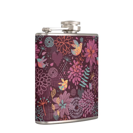 Abstraktes Blumenmuster mit Vögeln Flachmann (Rechts)