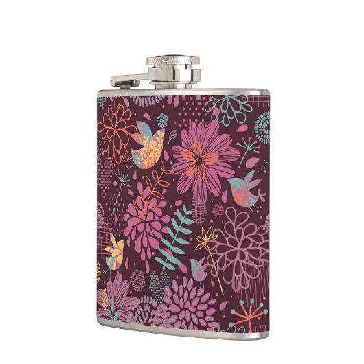 Abstraktes Blumenmuster mit Vögeln Flachmann (Links)