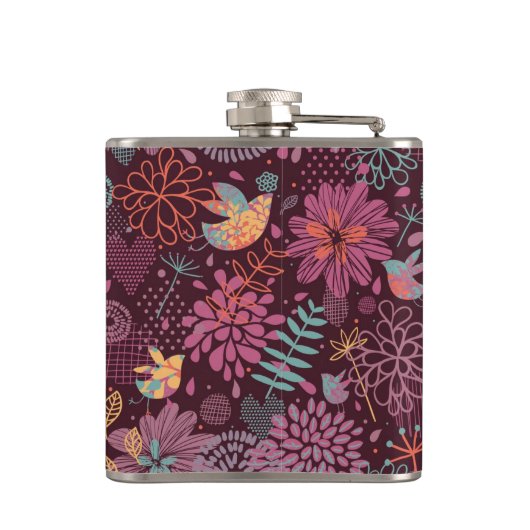 Abstraktes Blumenmuster mit Vögeln Flachmann (Rückseite)