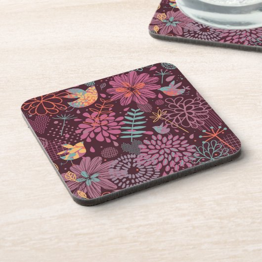 Abstraktes Blumenmuster mit Vögeln Getränkeuntersetzer (Linke Seite)