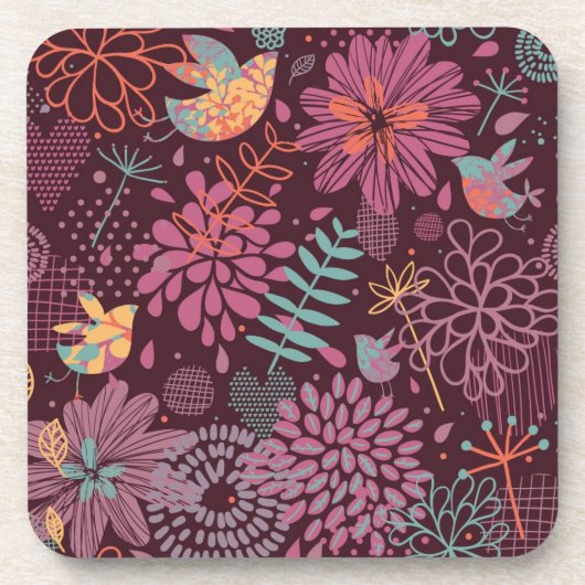 Abstraktes Blumenmuster mit Vögeln Getränkeuntersetzer (Vorderseite)