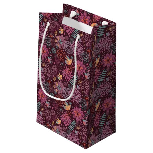 Abstraktes Blumenmuster mit Vögeln Kleine Geschenktüte (Rückseite Schrägansicht)