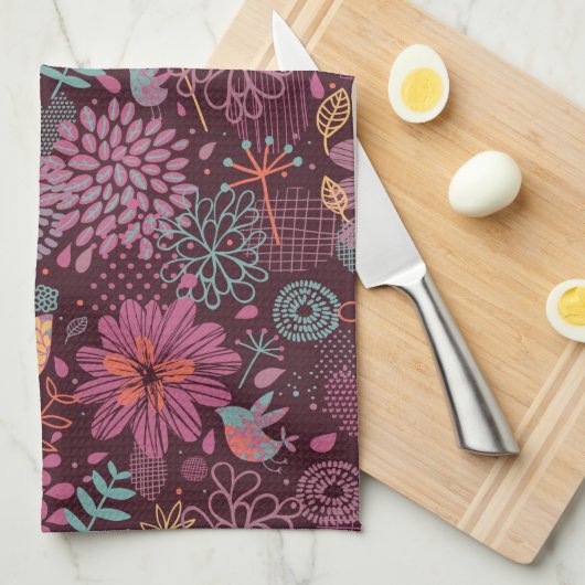 Abstraktes Blumenmuster mit Vögeln Küchentuch (Viertel Falte)