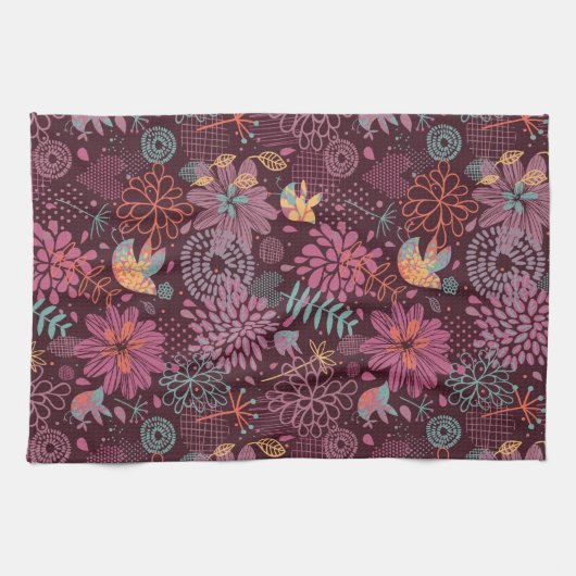 Abstraktes Blumenmuster mit Vögeln Küchentuch (Horizontal)
