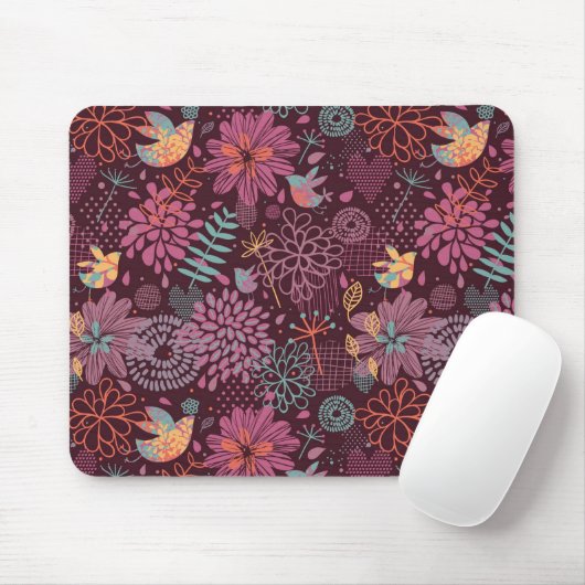 Abstraktes Blumenmuster mit Vögeln Mousepad (Mit Mouse)