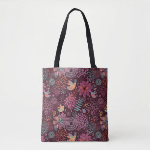 Abstraktes Blumenmuster mit Vögeln Tasche