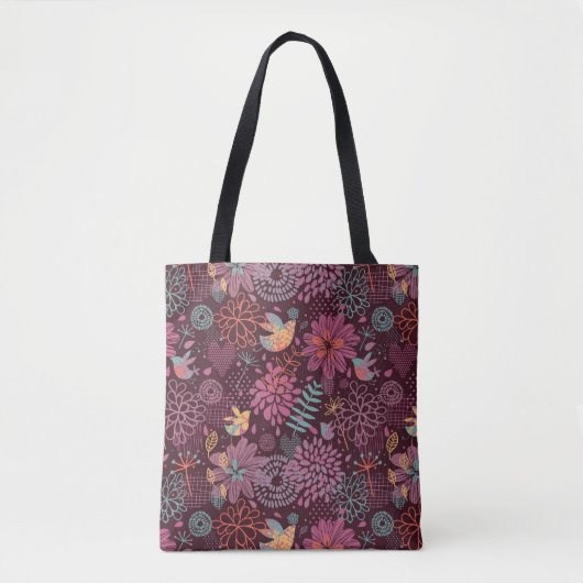 Abstraktes Blumenmuster mit Vögeln Tasche (Vorderseite)