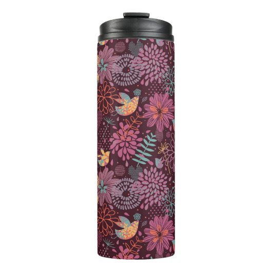 Abstraktes Blumenmuster mit Vögeln Thermosbecher (Vorderseite)