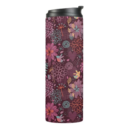Abstraktes Blumenmuster mit Vögeln Thermosbecher (Nach links gedreht)