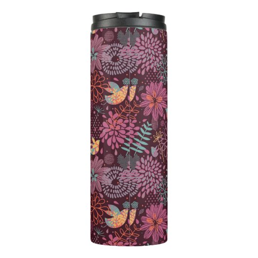 Abstraktes Blumenmuster mit Vögeln Thermosbecher (Rückseite)