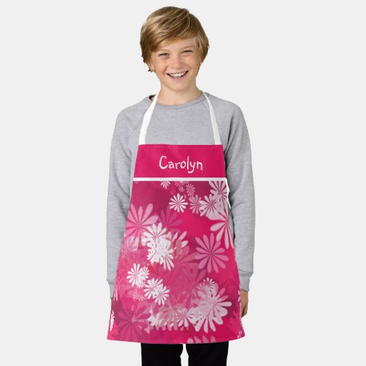 Abstraktes Blumenrosa und weiße, personalisierte M Schürze (Getragen)