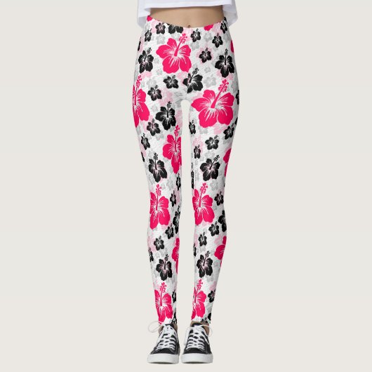 Abstraktes Blumenrot Schwarz-weiß Leggings (Vorderseite)