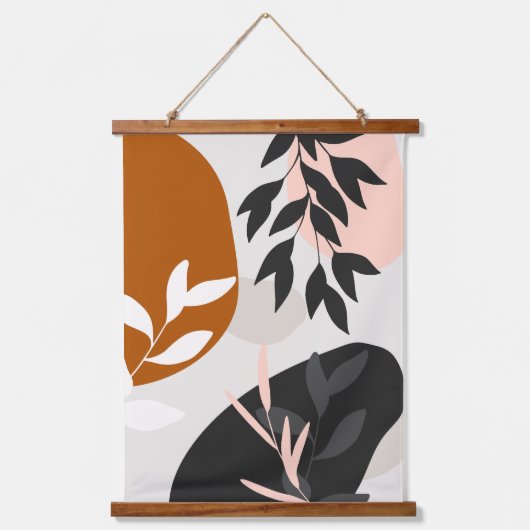 Abstraktes botanisches Design in Erdtönen Wandteppich Mit Holzrahmen (Vorderseite)