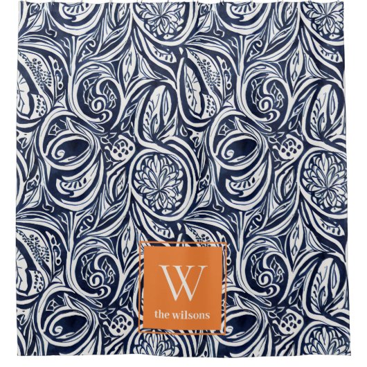Abstraktes Botanisches Monogramm für kühle Navy-Ro Duschvorhang (Vorderseite)